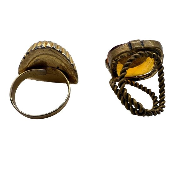 2 Adjustable Costume Rings Orange Cabochon & Faceted Amber Glass Gold Tone Boho - Picture 3 of 7